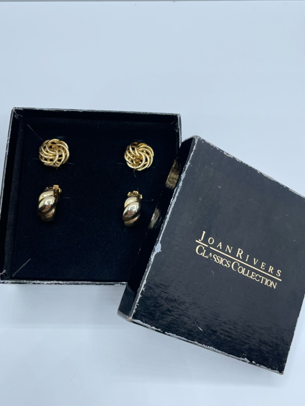 Vintage Joan Rivers Gold Tone Clip On Earrings Set Knot Swirl Studs With Box